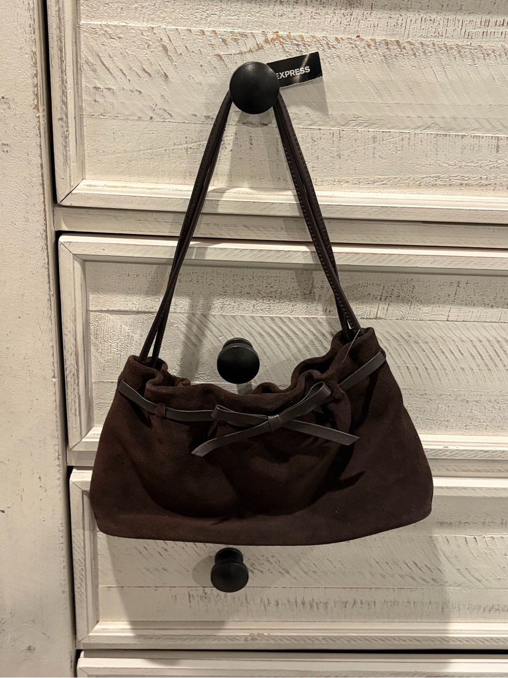 Express Brown Faux Suede Mini Shoulder Bag Y2K Bow Purse | NWT - Picture 3 of 6